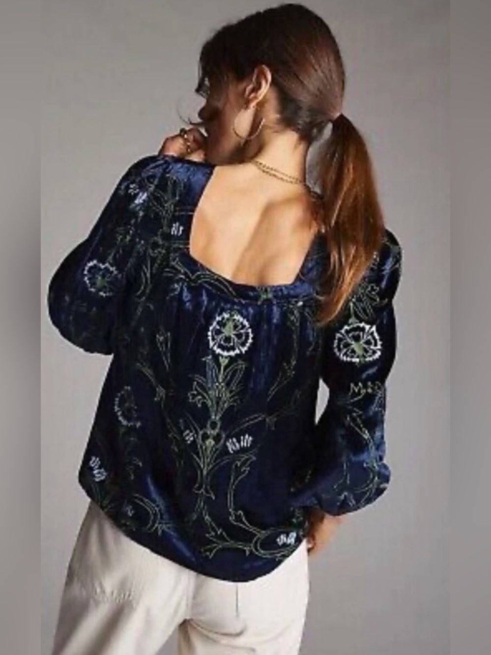 ANTHROPOLOGIE Velvet Embroidered Blouse Blue L - Picture 2 of 10